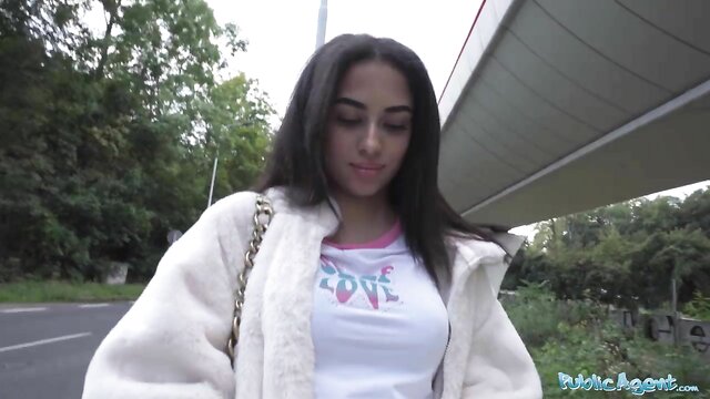 British brunette teen in outdoor blowjob, sucking and fucking big cock. Public Agent in Fake Hub\'s XXX porno reality.