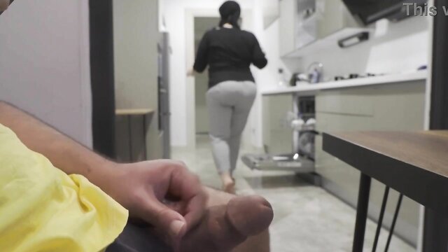 Stepmom caught jerking off in the kitchen while watching her big ass: amateur XXX video with creampie & blowjob.